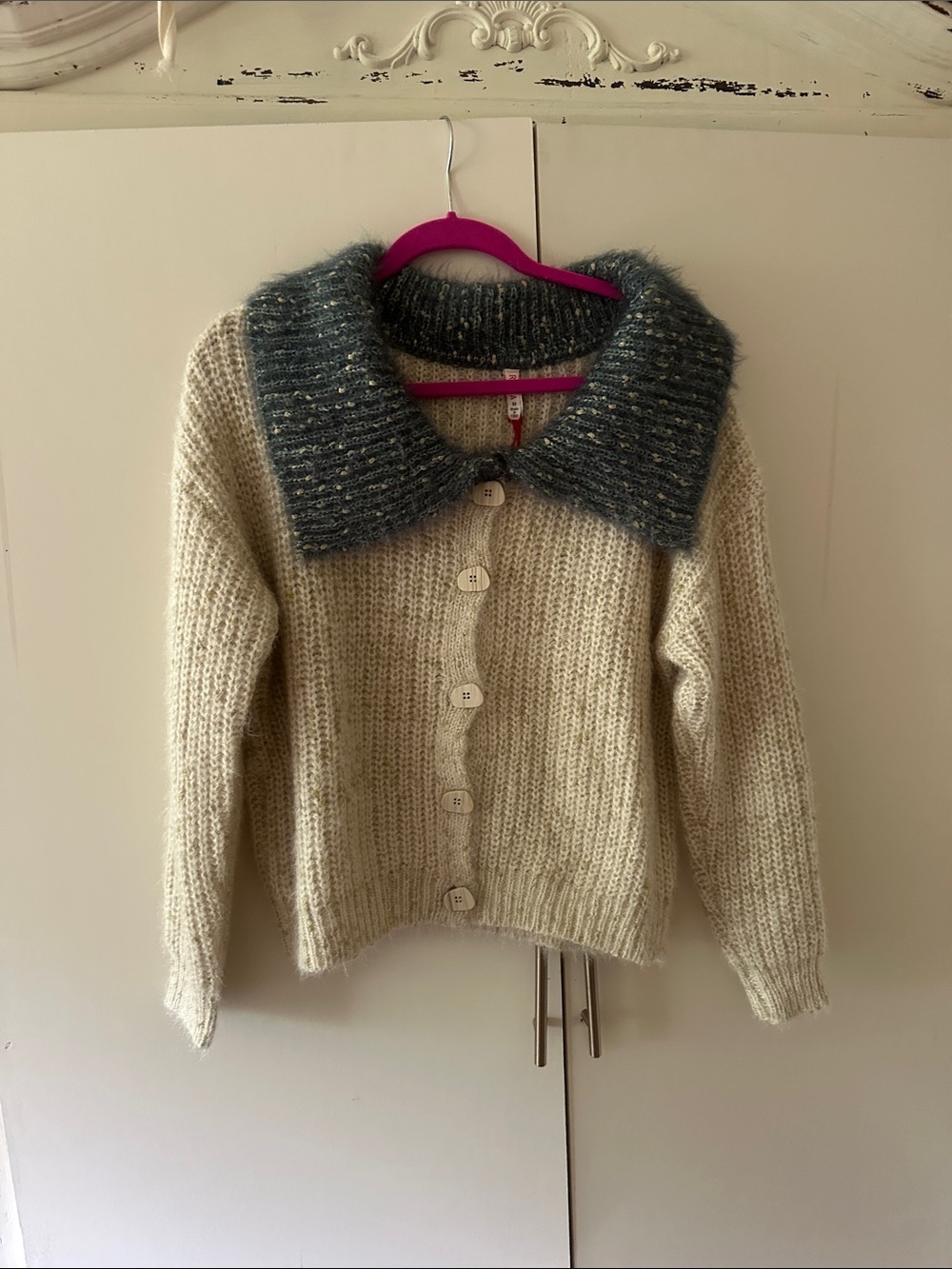 Anthropologie Cream Cardigan with Gray Textured Collar